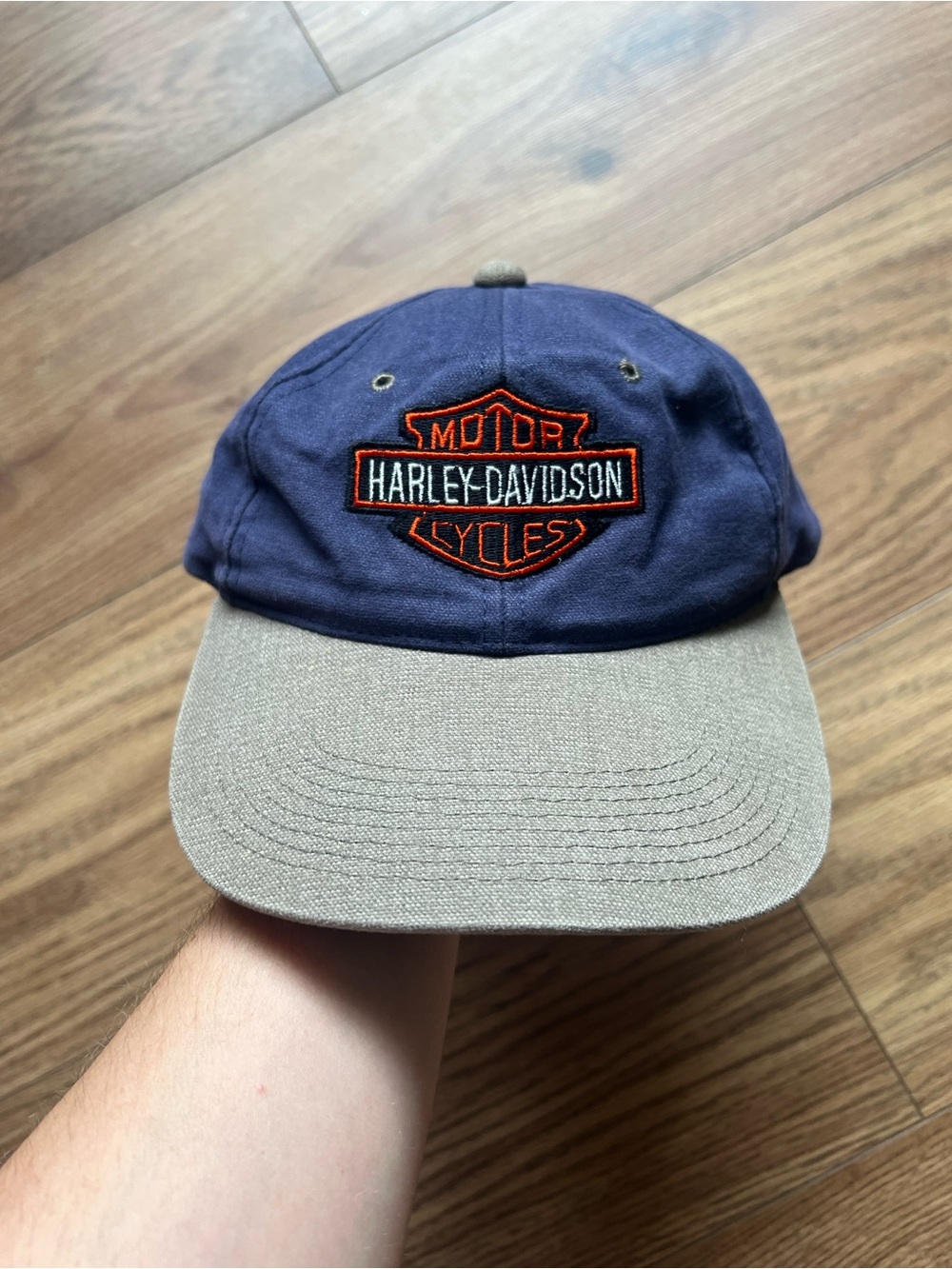 Vintage Harley Davidson Two Tone Bar & Shield Logo Strapback Hat Navy Tan